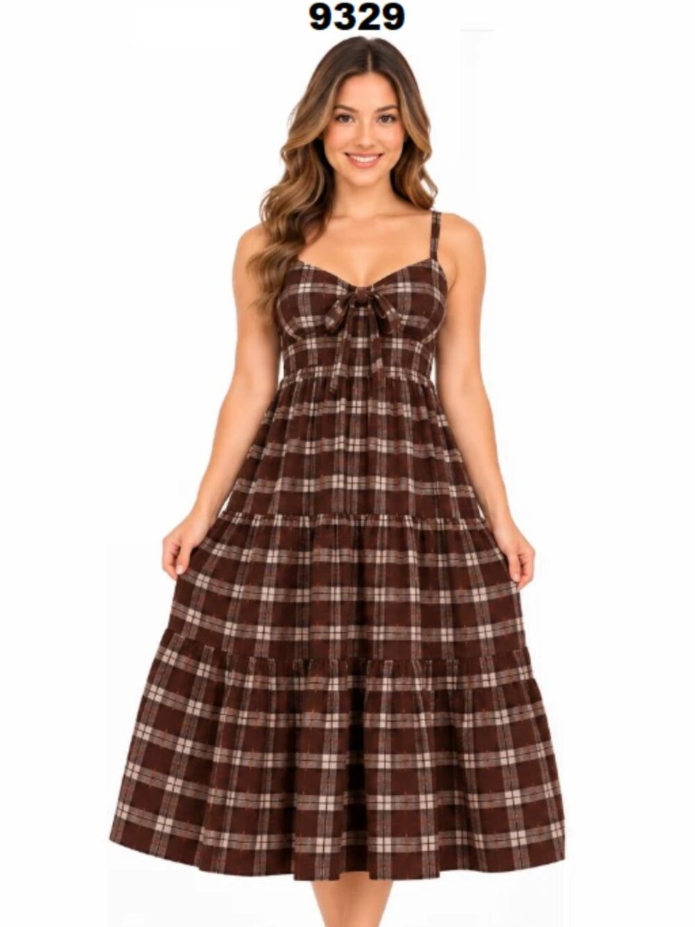NWT No Boundaries Women's Brown Plaid Tiered Trapeze V-Neck Mini Dress